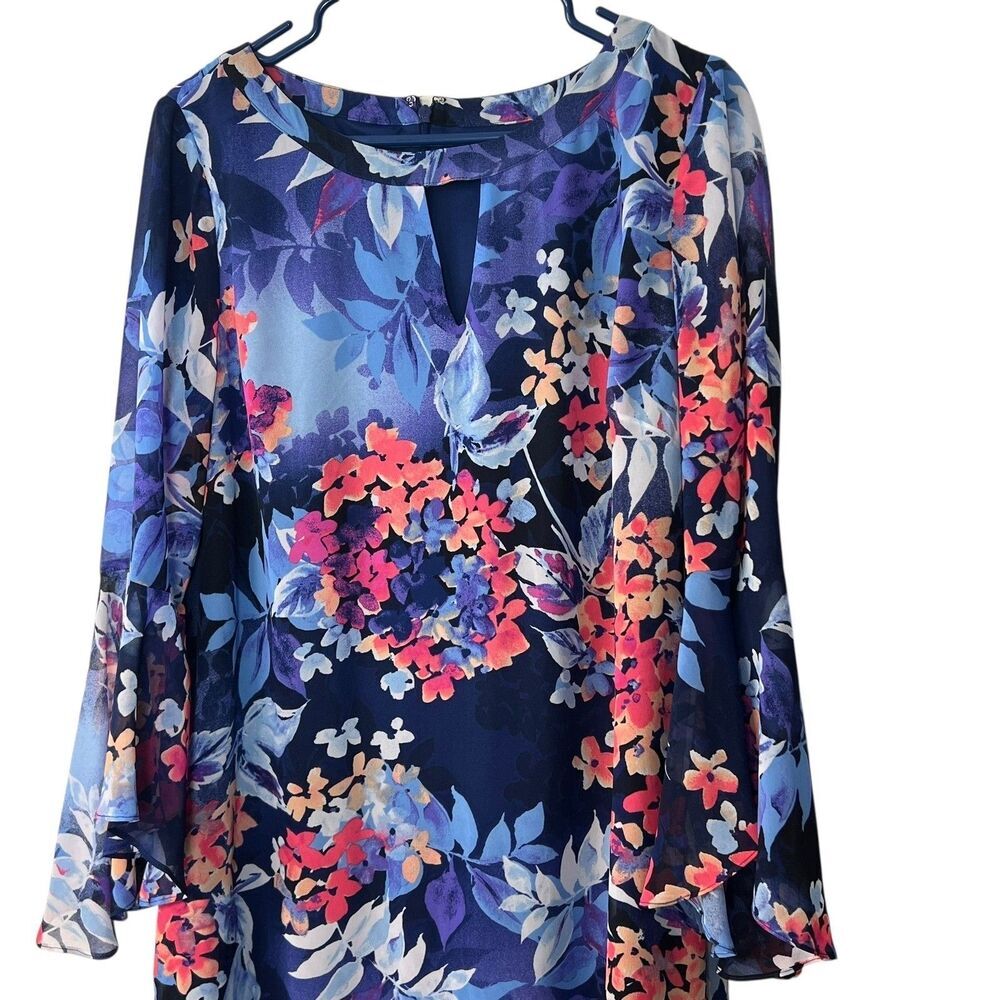 Roz & Ali Women's Floral Print Dress Size 14 Long Sleeve Sheer Overlay Navy Blue - Picture 10 of 10